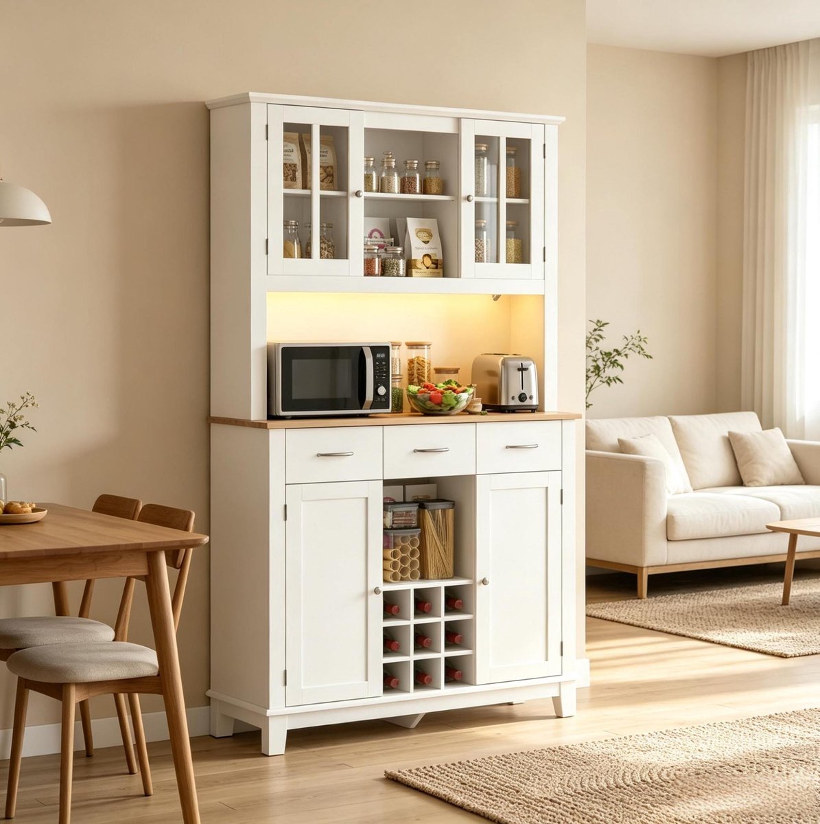 MODENUIT Keukenkast 100 x 39,5 x 180 cm - RGB-Ledverlichting en Wijnrek - Keuken - MDF Spaanplaat - Wit Eiken
