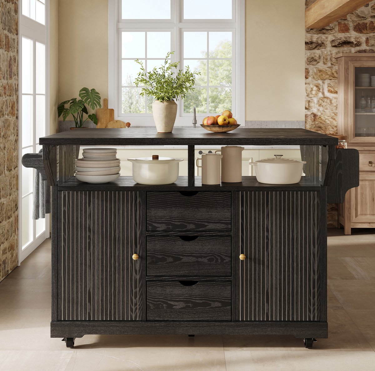 MODENUIT Eettafel 142,5 x 80 x 95 cm - Opklapbare Zijbladen 3 Laden - Keuken - MDF en Metaal - Zwart