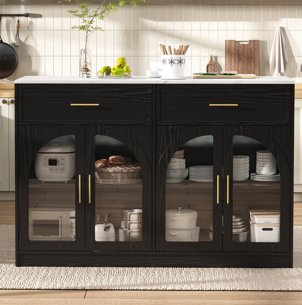 MODENUIT Keukeneiland 135 x 55 x 91 cm - Ledverlichting Met Lades - Keuken En Eetkamer - MDF Zwart