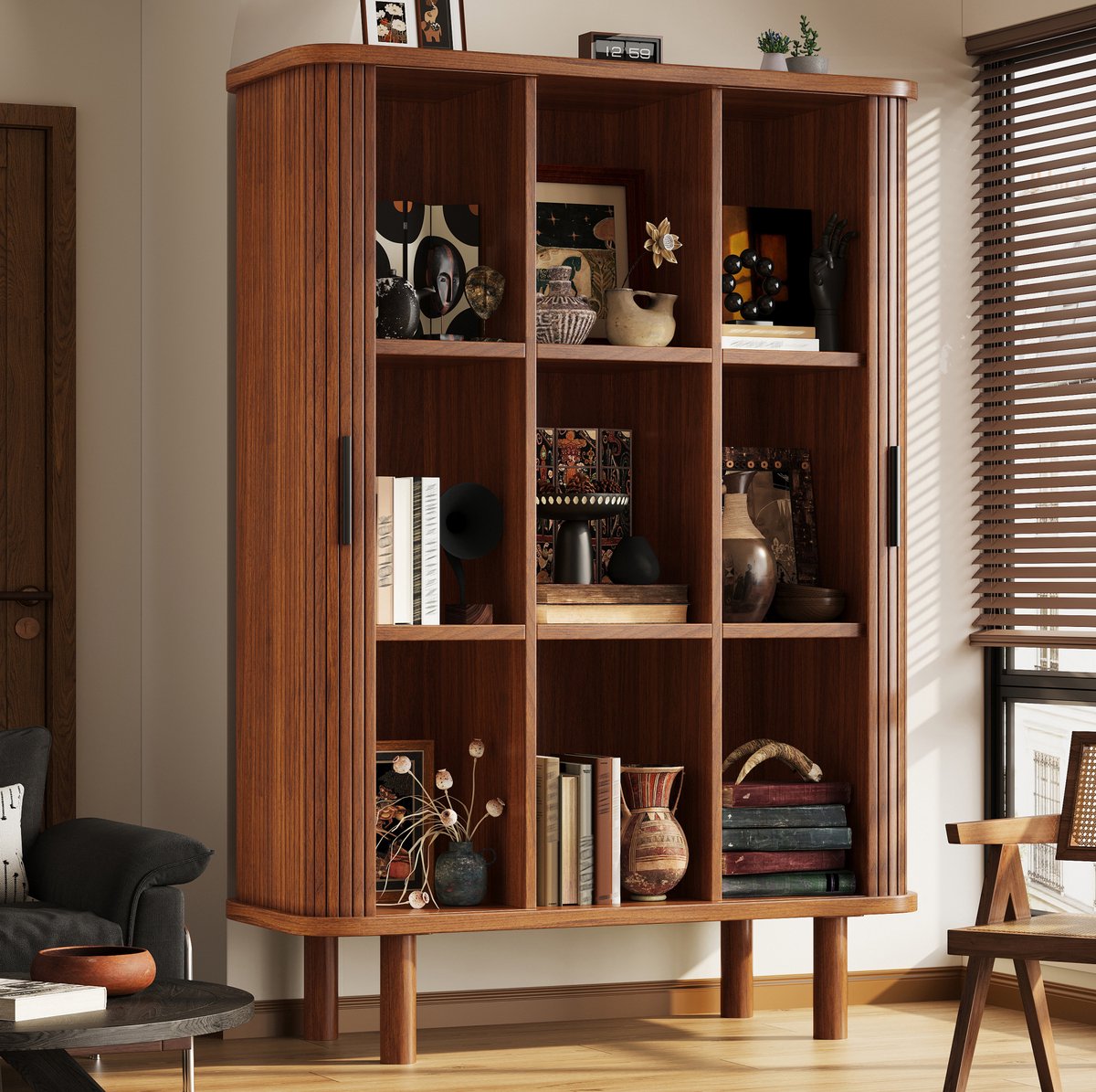 MODENUIT Buffetkast 110x40x160 Cm - Roldeur - Verstelbare Planken - Eetkamer - MDF Hout Donkerbruin
