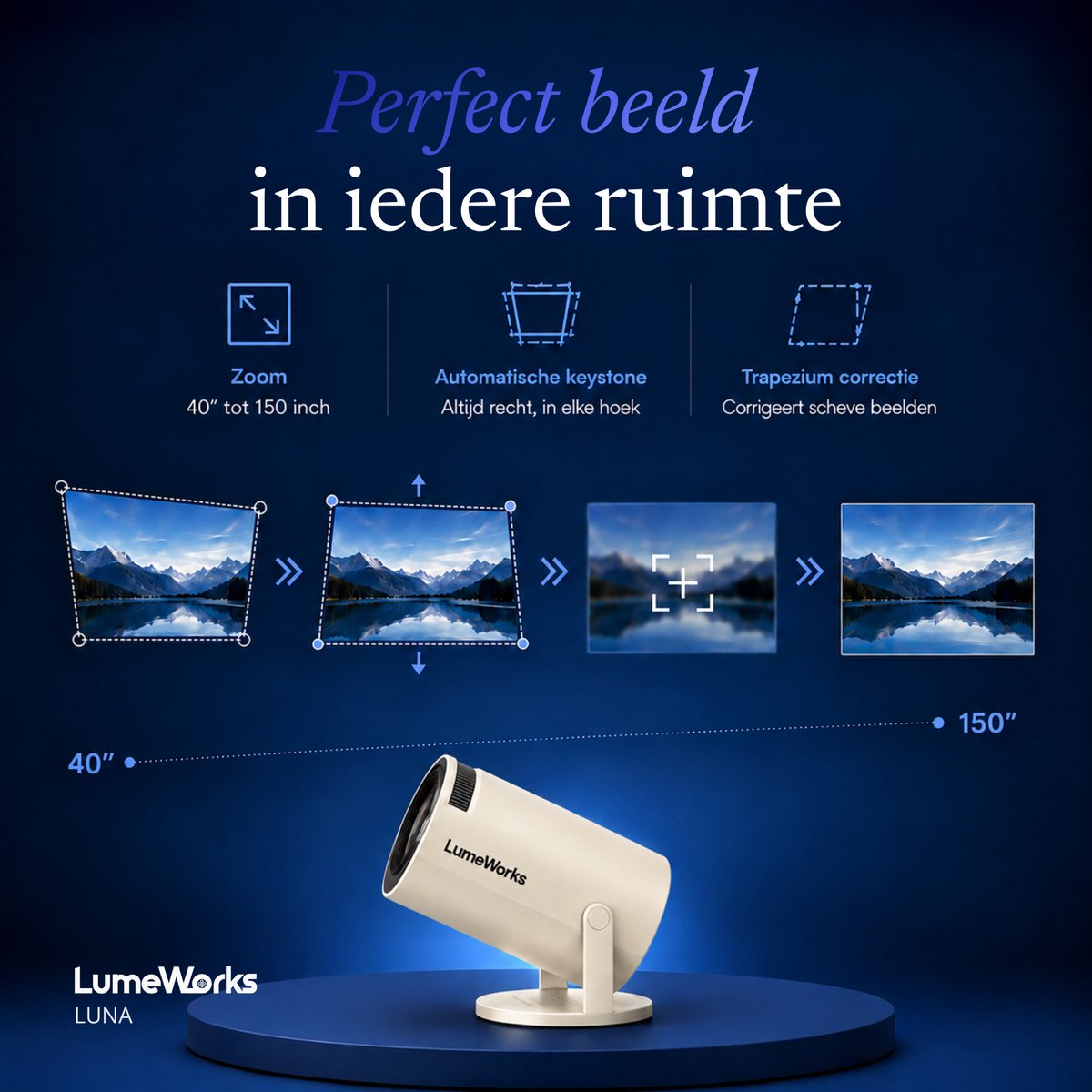 LumeWorks Luna Mini Beamer 2026 - 4K Support - Smart Projector met Android 14 - WiFi 6 & Bluetooth - Home Cinema - Draagbaar - Streamen vanaf Telefoon - Wit thumbnail 5