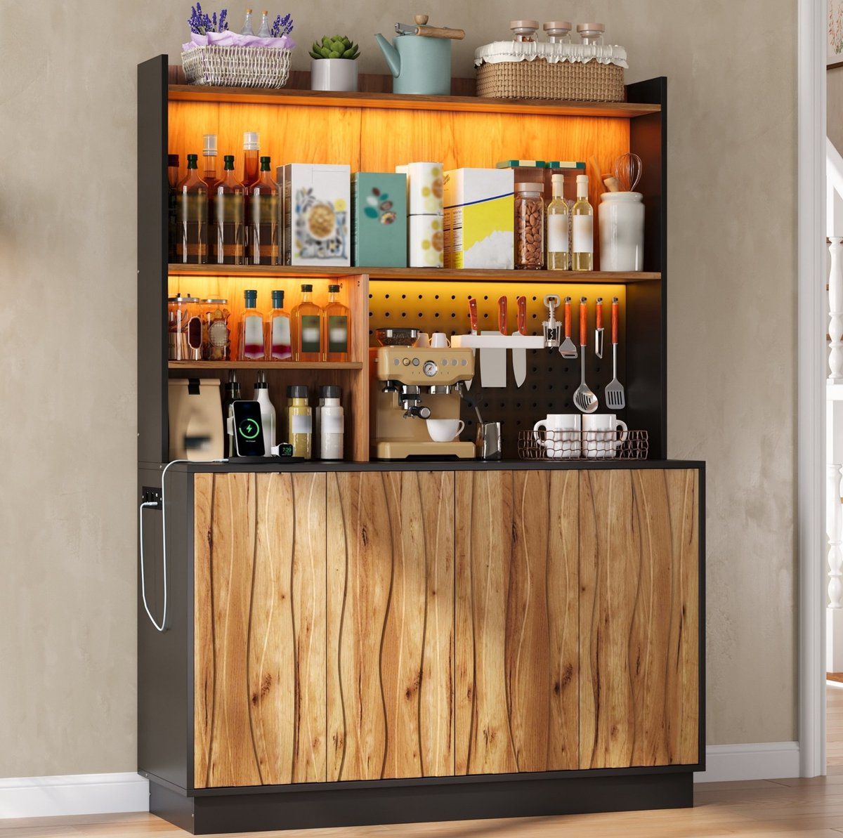 MODENUIT Keukenkast 120 x 43 x 160 cm - LED-Verlichting Met Stopcontacten - Keuken - MDF - Naturel Zwart