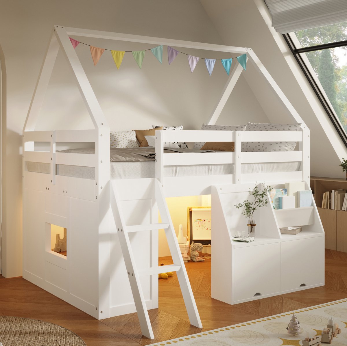 REDOM Hoogslaper - Huisvorm met dakconstructie - Trap en LED-verlichting - Opbergbakken en stofzakken - Hout en MDF - Wit - 140 x 200 cm