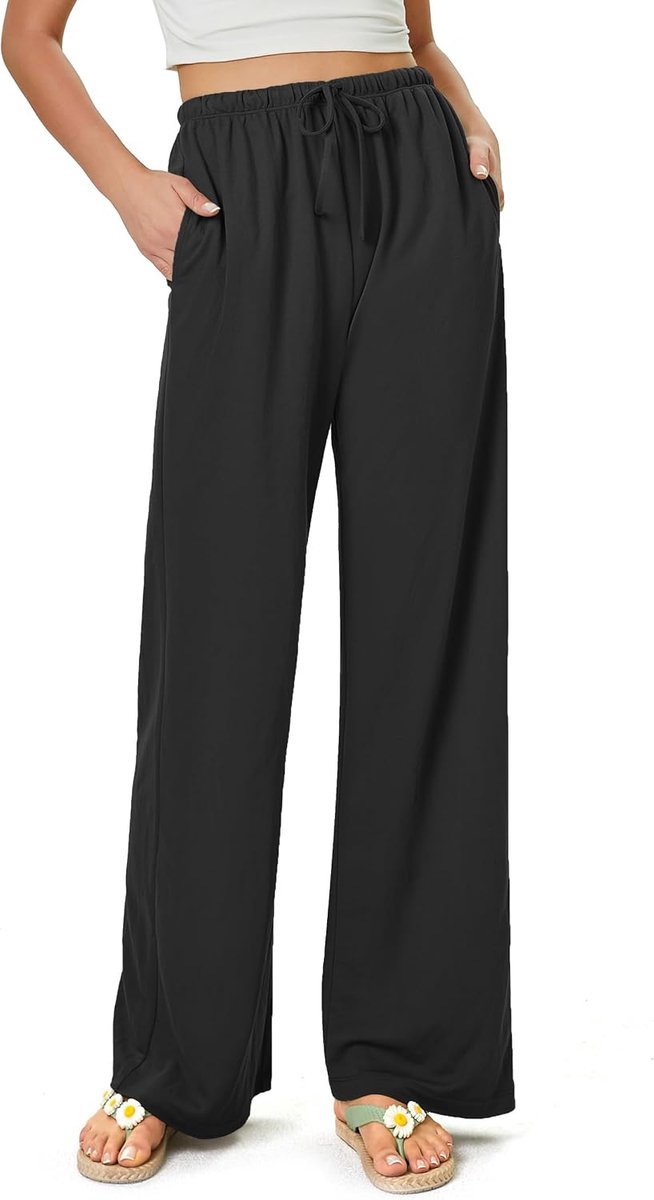 Damesbroek, flowy brede pijpen, vrijetijdsbroek, casual, strand, hoge taille, trekkoord, palazzo broek met zakken