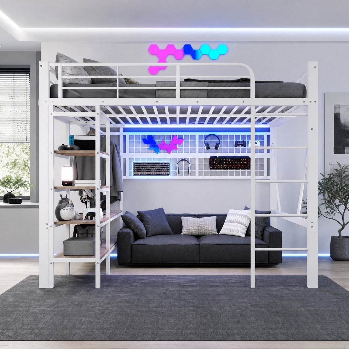 WUVRIE Hoogslaper 140x200 cm met LED-verlichting, opbergrek, hangnet en kledingstang, wit