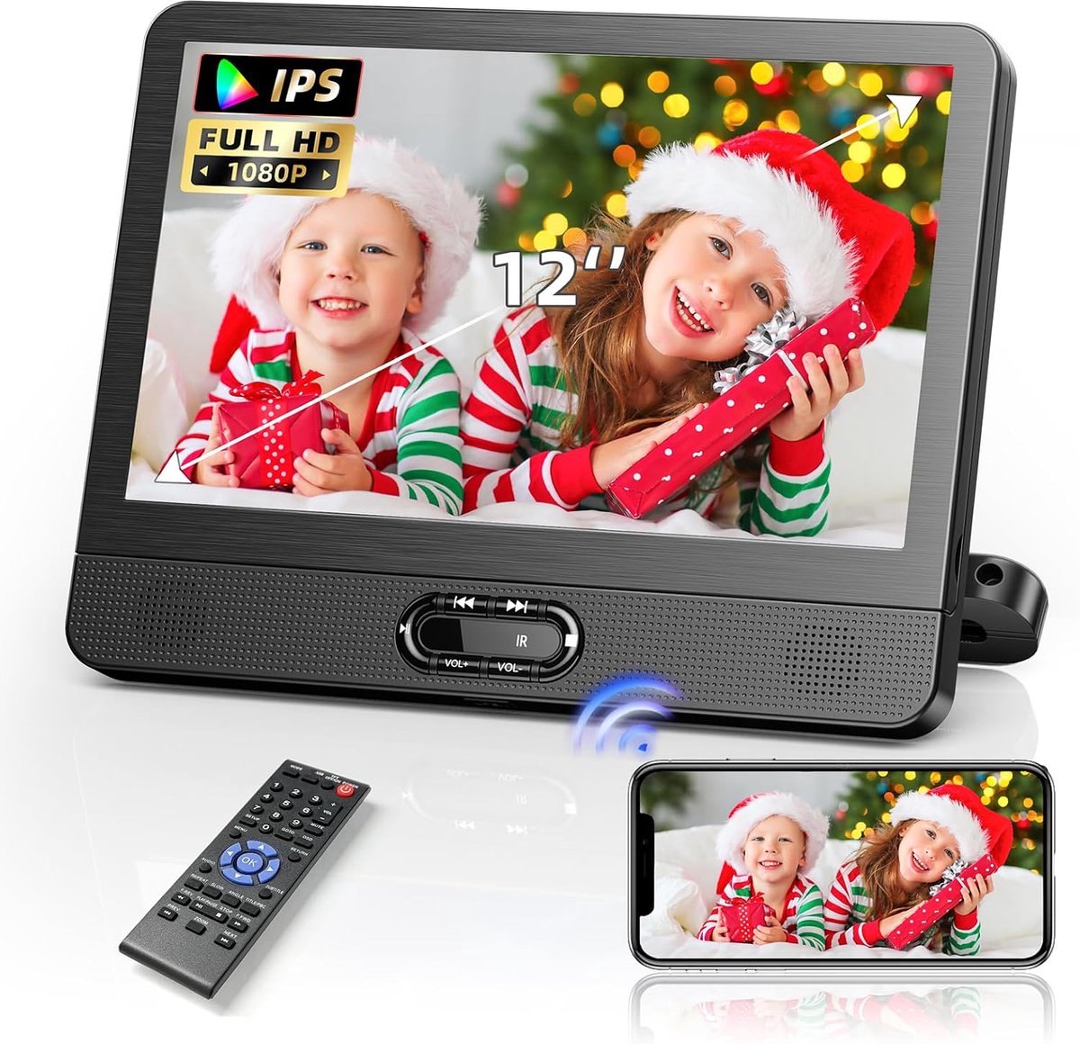 12 Inch Draagbare Auto DVD Speler voor Hoofdsteun, HD Scherm met HDMI 1080P, Ondersteunt USB/TF-Kaart, Ingebouwde Stereo Luidsprekers, Verstelbaar Scherm, Laatste Geheugenfunctie