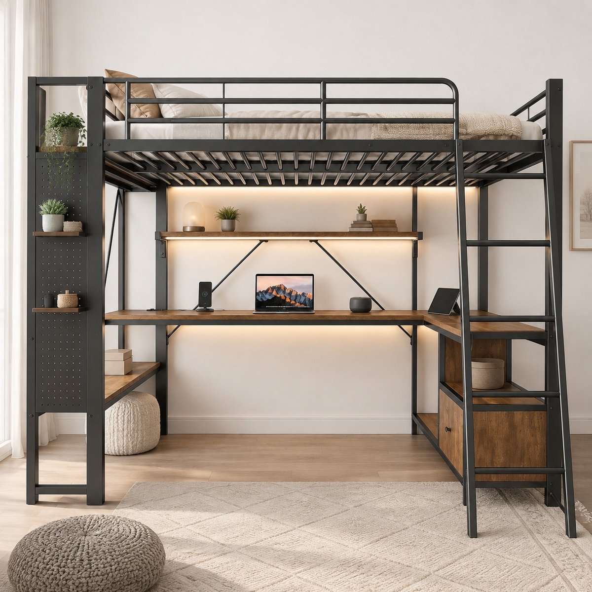 WUVRIE Hoogslaper 140x200 cm met bureau, LED-verlichting, USB, planken en opbergruimte, zwart