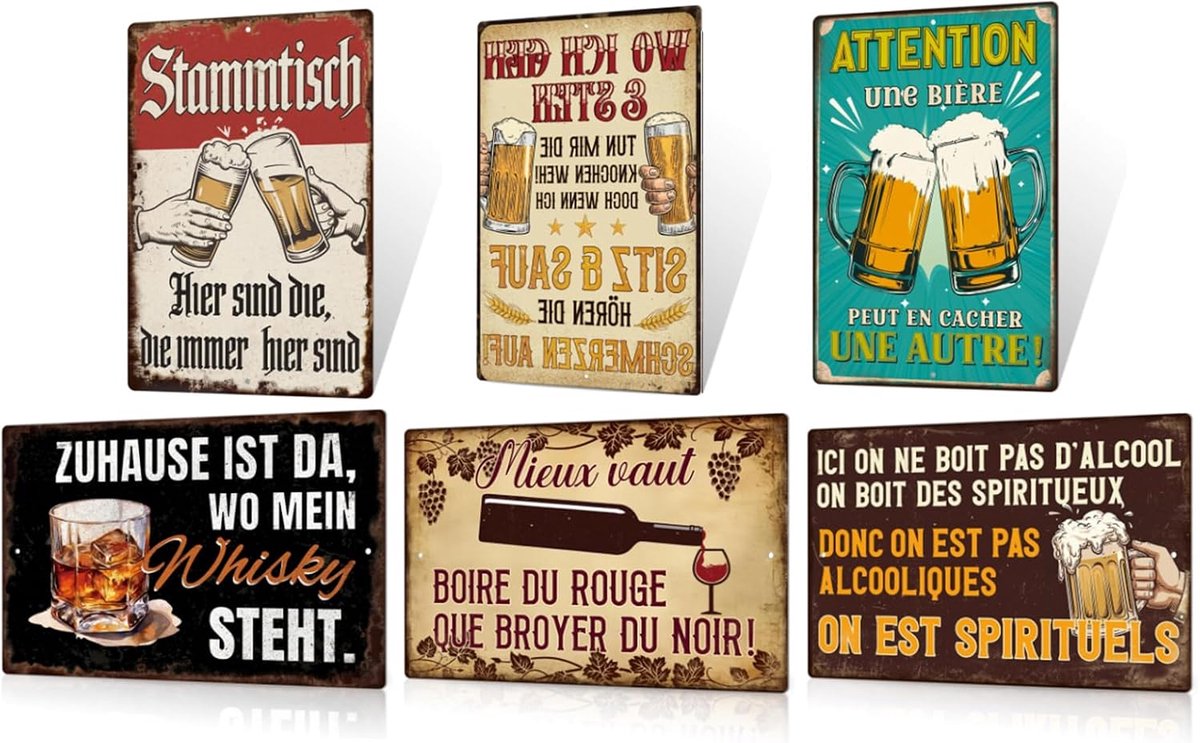 Set van 6 vintage metalen borden (20 x 30 cm) metalen borden retro - café, club & pub - rustieke retroborden werkplaats, bar decoratie