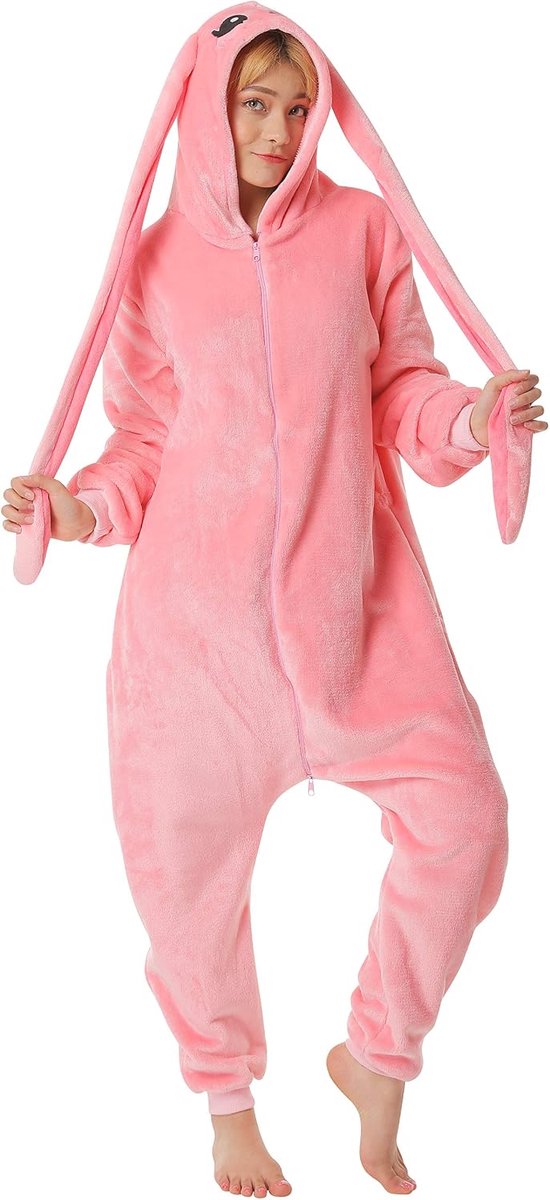 Corimori 1852 Bonnie de haas voor dames en heren, onesie, jumpsuit, eendelig kostuum, verkleedpartij, maat 160-170 cm, roze
