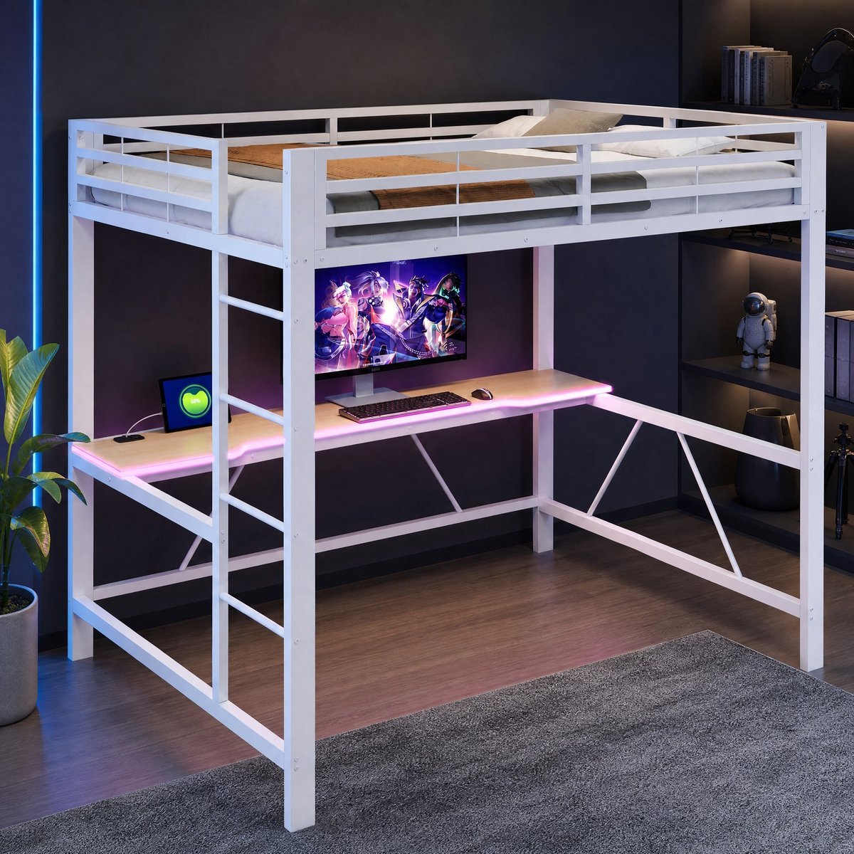 WUVRIE Gaming hoogslaper 140x200 cm met bureau, LED-verlichting en USB-laadstation, wit