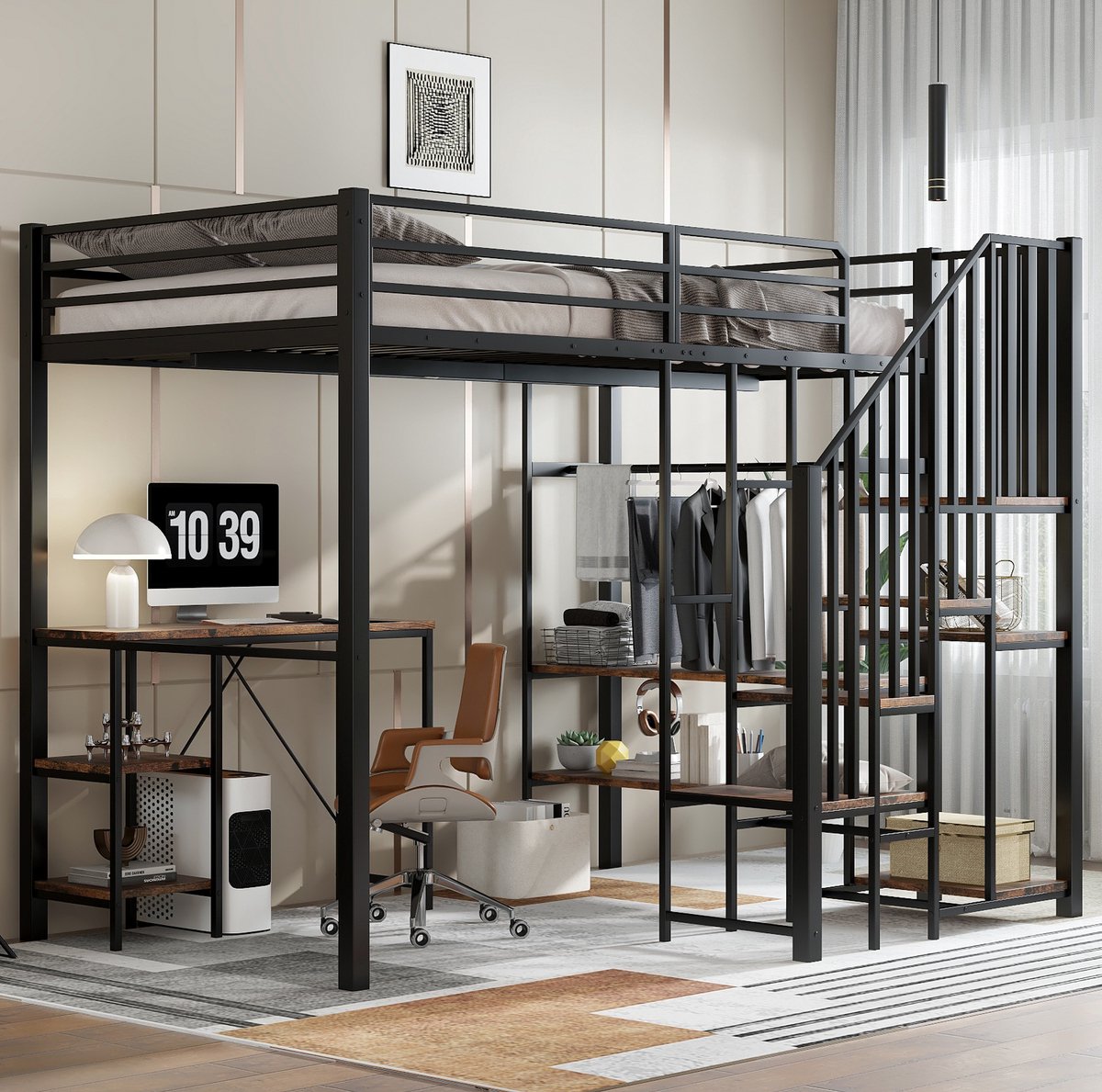 WUVRIE Stapelbed 120x200 cm met bureau, open kledingkast, planken en hoektrap, zwart