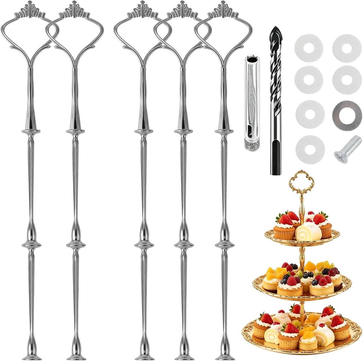 Set van 5 etagèrestangen, zilveren etagère, etagère, bouwpakket, stang, metalen stang, etagère met boor voor taarten, cupcakes (kroon)