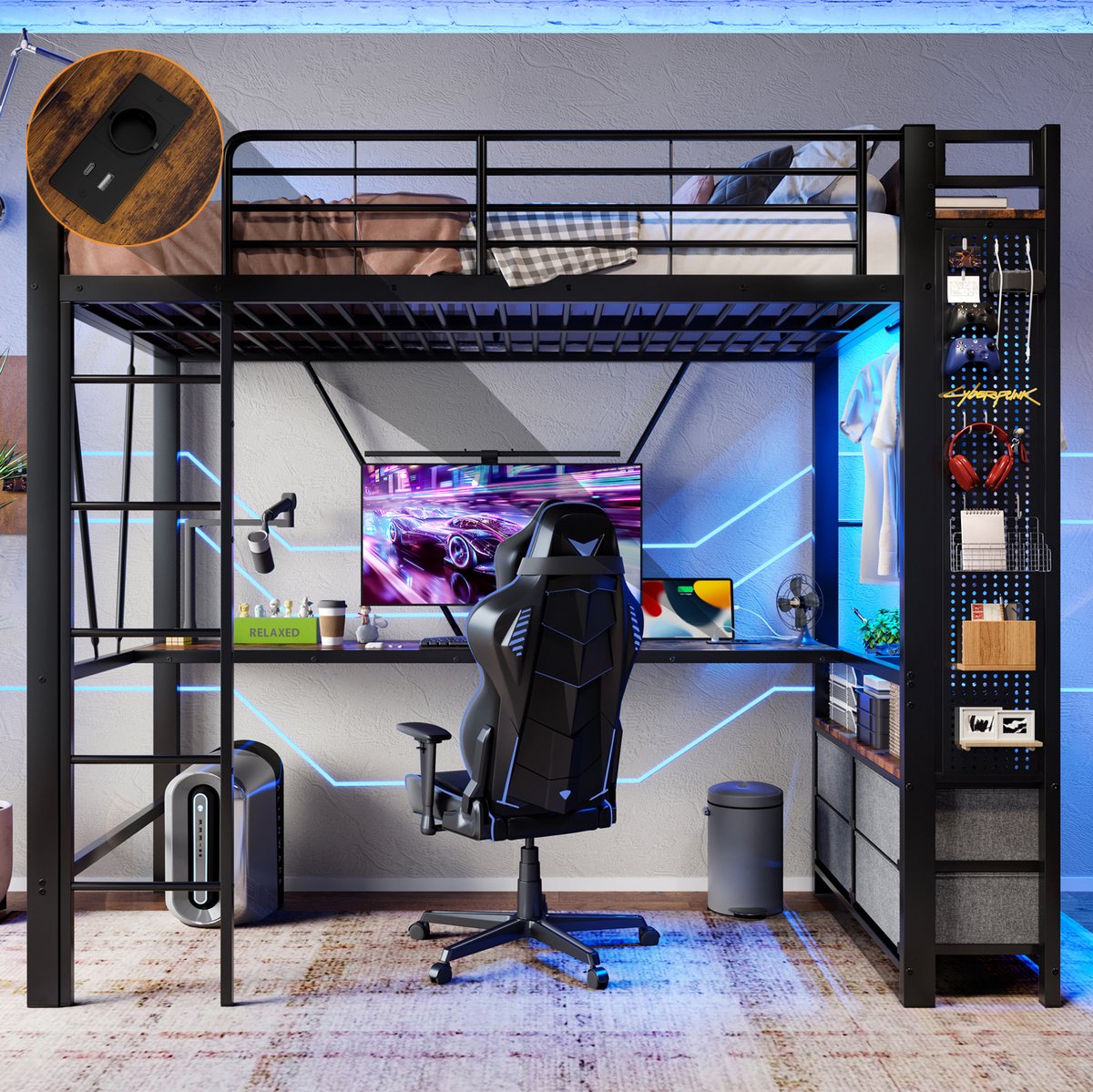 WUVRIE Hoogslaper 90 x 200 cm met bureau, 4 lades, LED-verlichting en USB/Type-C, zwart