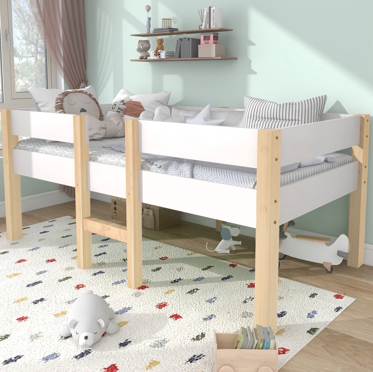 WUVRIE Halfhoogslaper 90x200 cm met uitvalbeveiliging en lattenbodem, kinderbed in wit/naturel