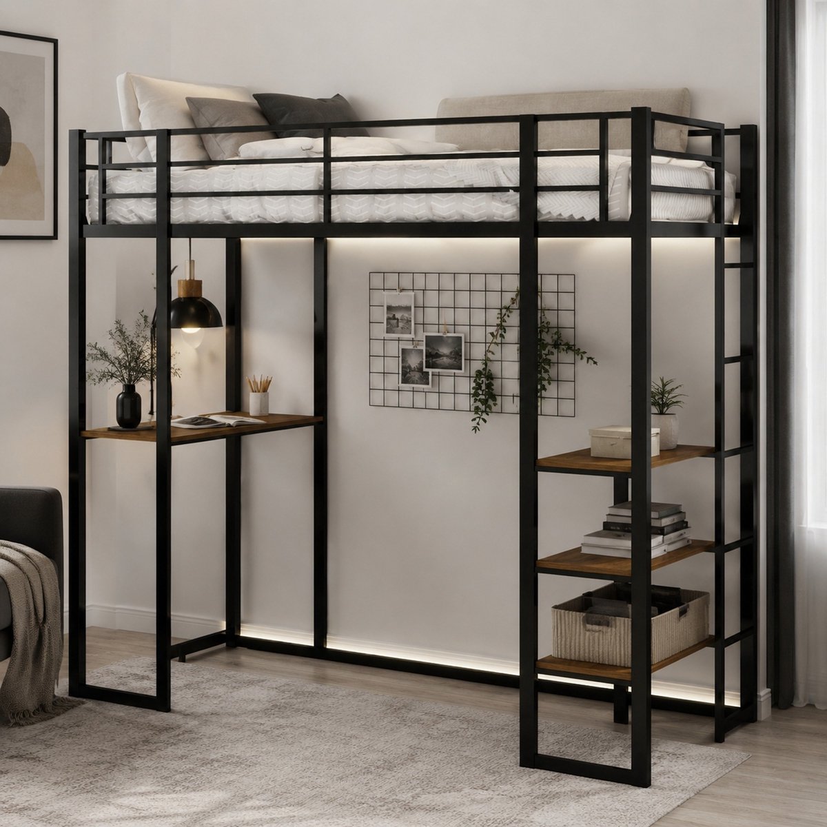 WUVRIE Hoogslaper 90x190 cm met bureau, opbergruimte, dubbele ladder en uitvalbeveiliging, zwart