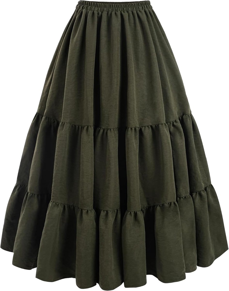 rok voor dames - groene hooggetailleerde A-lijn traprok, elastische taille met zakken, lange middeleeuwse rok