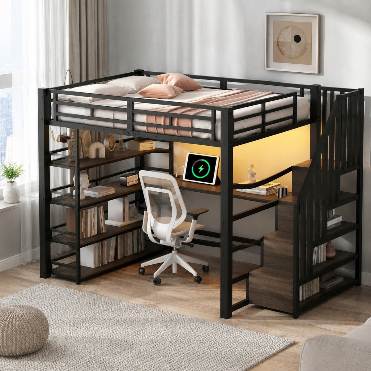 WUVRIE Hoogslaper 140x200 cm met trap, bureau, opbergruimte, ledverlichting en USB-laadstation, zwart