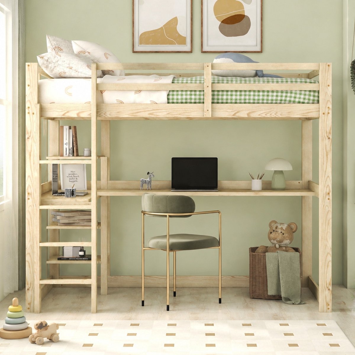 WUVRIE Hoogslaper 140x200 cm met bureau, 4 opbergvakken en lattenbodem, naturel