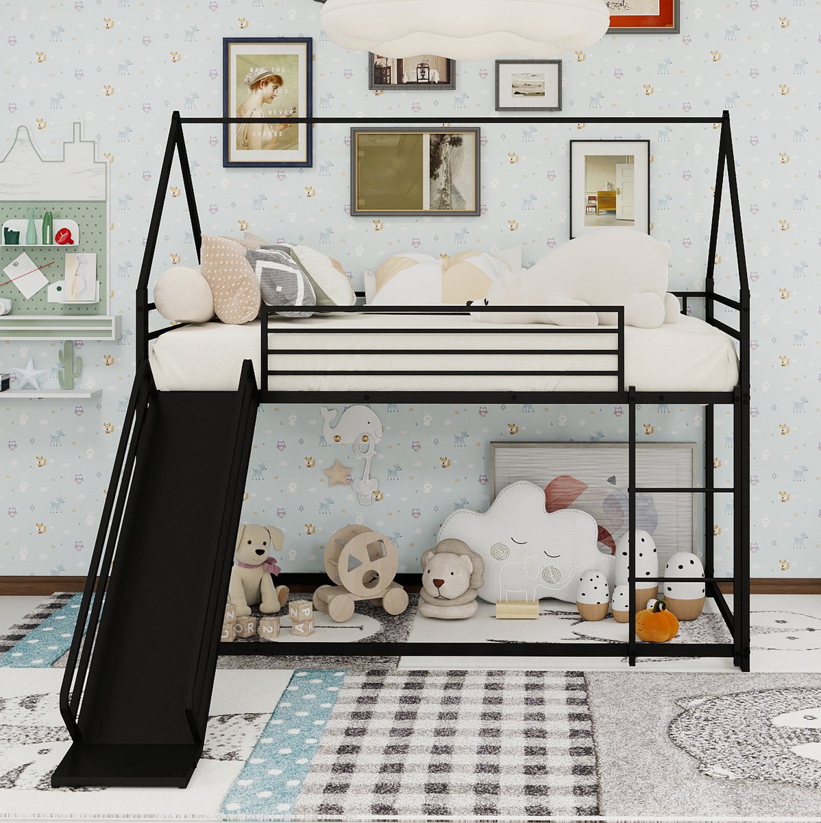 WUVRIE Hoogslaper 90x190 cm met glijbaan, trap en uitvalbeveiliging, metalen huisbed voor kinderen, zwart