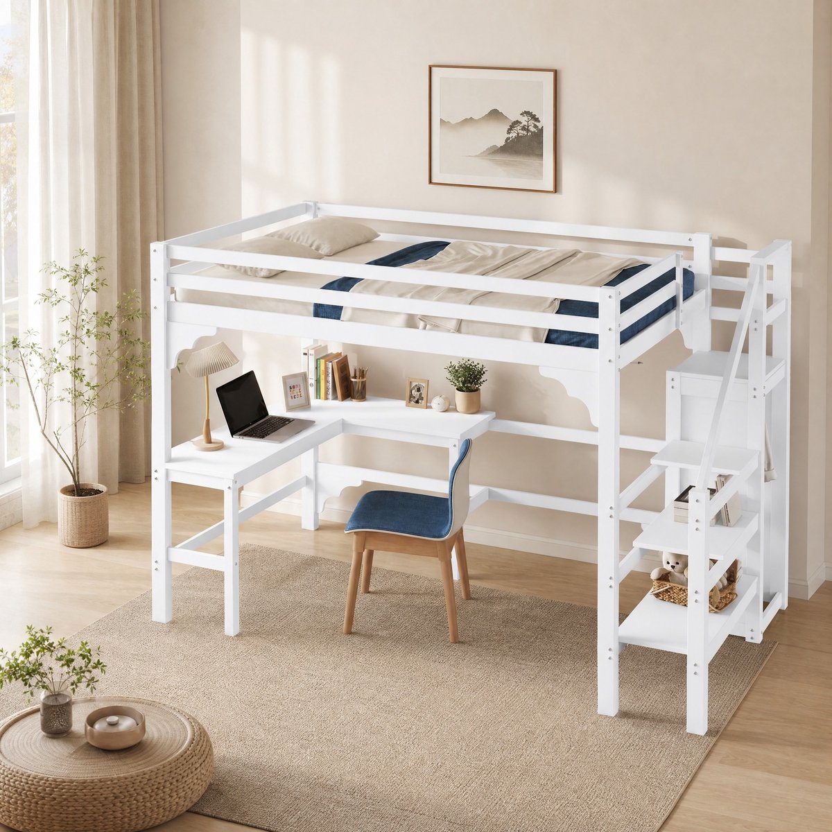 WUVRIE Hoogslaper 140x200 cm met L-vormig bureau, open kledingkast en opbergtrap, wit