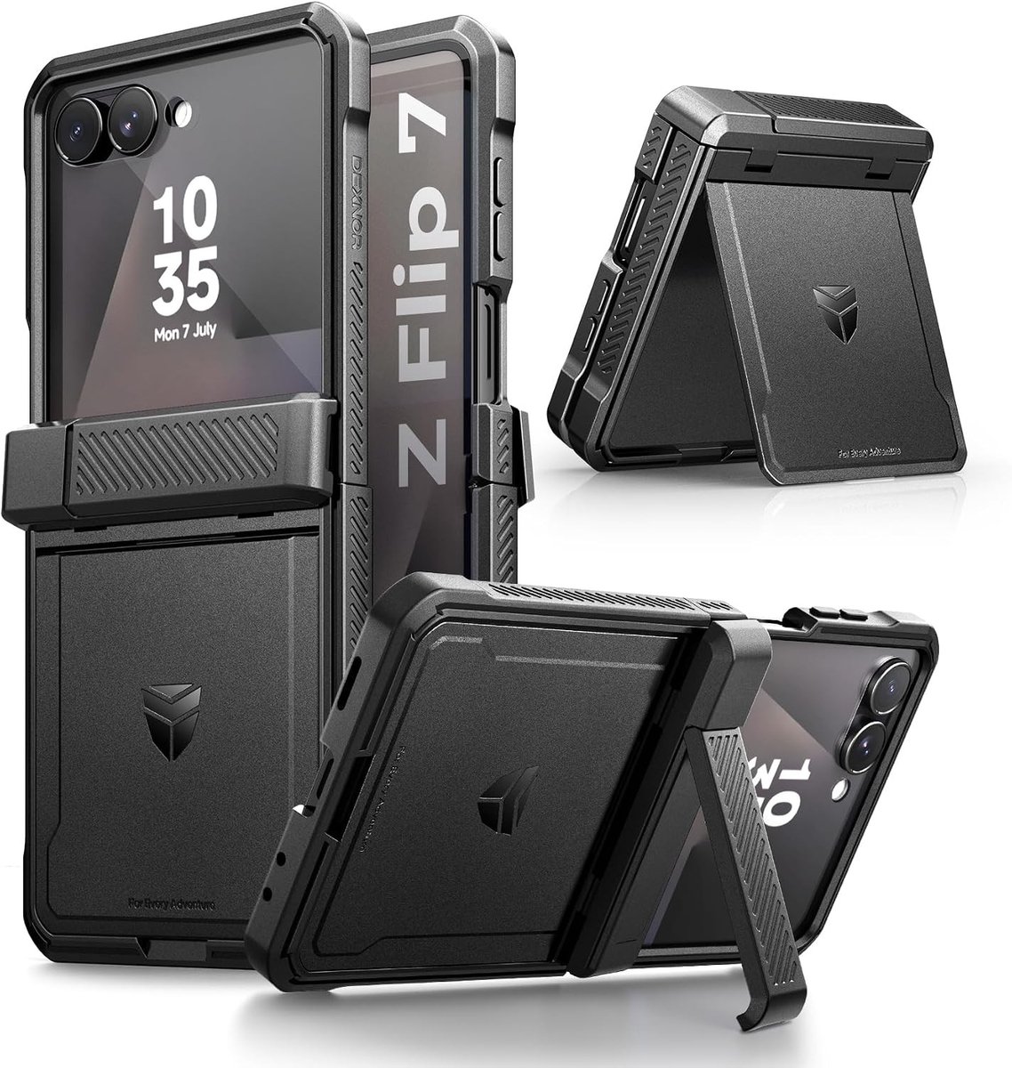 Zwarte Rugged Shockproof Beschermcase voor Samsung Galaxy Z Flip 7 met Dual Kickstands en Schermbeschermer