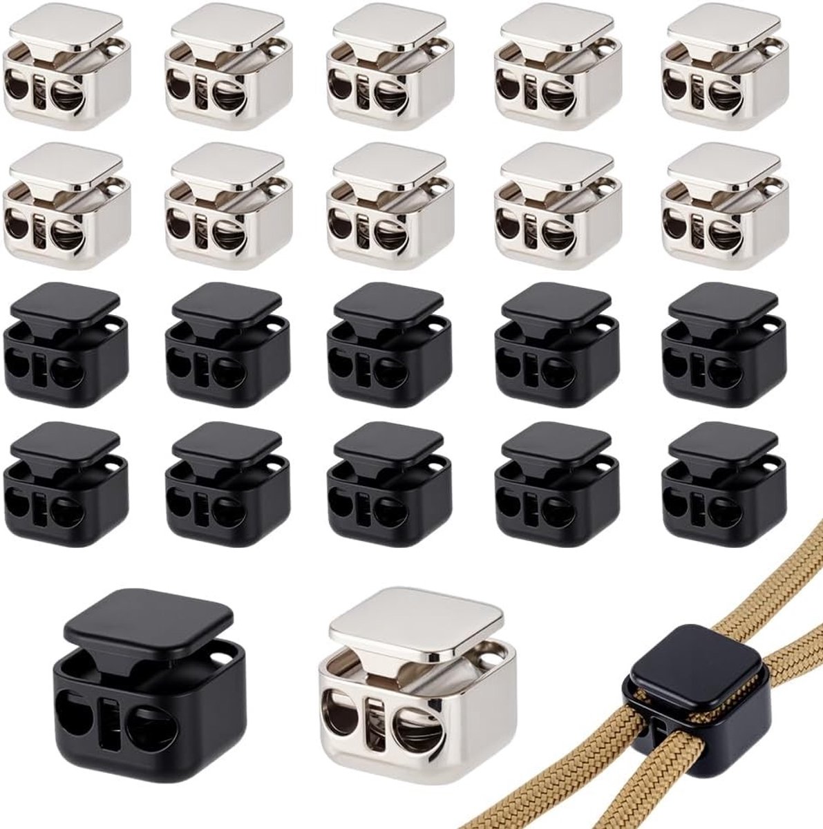 24 Stuks Zware Kordelvergrendelaars in 2 Kleuren - Dubbel Gat Trekkoord Stopper voor Tassen, Schoenveters en Rugzakken - 15mm Legering Veer Trekkoord Clip