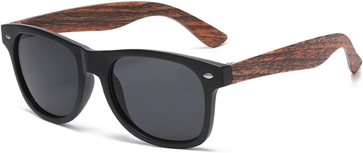 zonnebril van hout, uniseks, met bescherming en reflecterende glazen, houten frame en zwart transparant acetaat, retrostijl, voor dames en heren