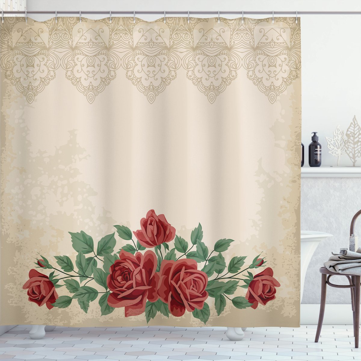 ABAKUHAUS Rozen Douchegordijn, Vintage Love Rote Rozen, Stoffen Badkamerdecoratieset met Haken, 175 x 180 cm, Beige Groen