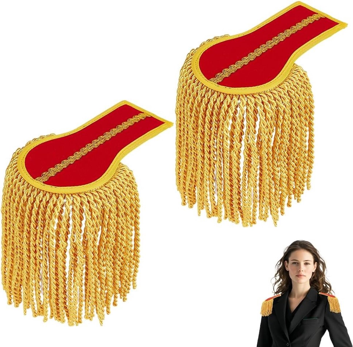 1 Paar Verwijderbare Franje Pauls met Keten, Gouden Badge Epauletten voor Kostuumaccessoires, Cosplay en Carnaval, Rood, Polyester