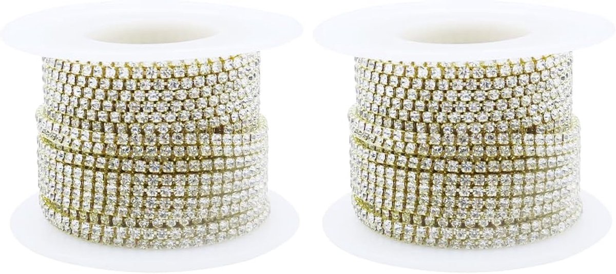2 rollen 10 meter gouden kristallen strass kettingrol, doe-het-zelf strass spoel voor ambachten, naaien en sieraden maken