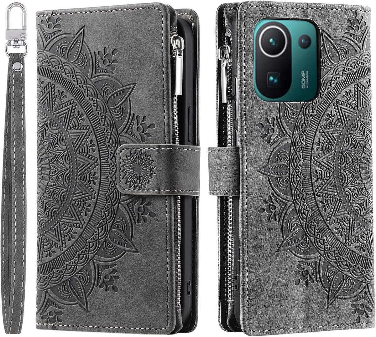 Hoes voor mobiele telefoon voor Xiaomi 11 Pro 5G, inklapbaar, bloemen mobiele telefoonhoes, beschermhoes, klaphoes met kaartenvak, mobiele telefoonhoes, bookcover, flip case, standaard, grijs
