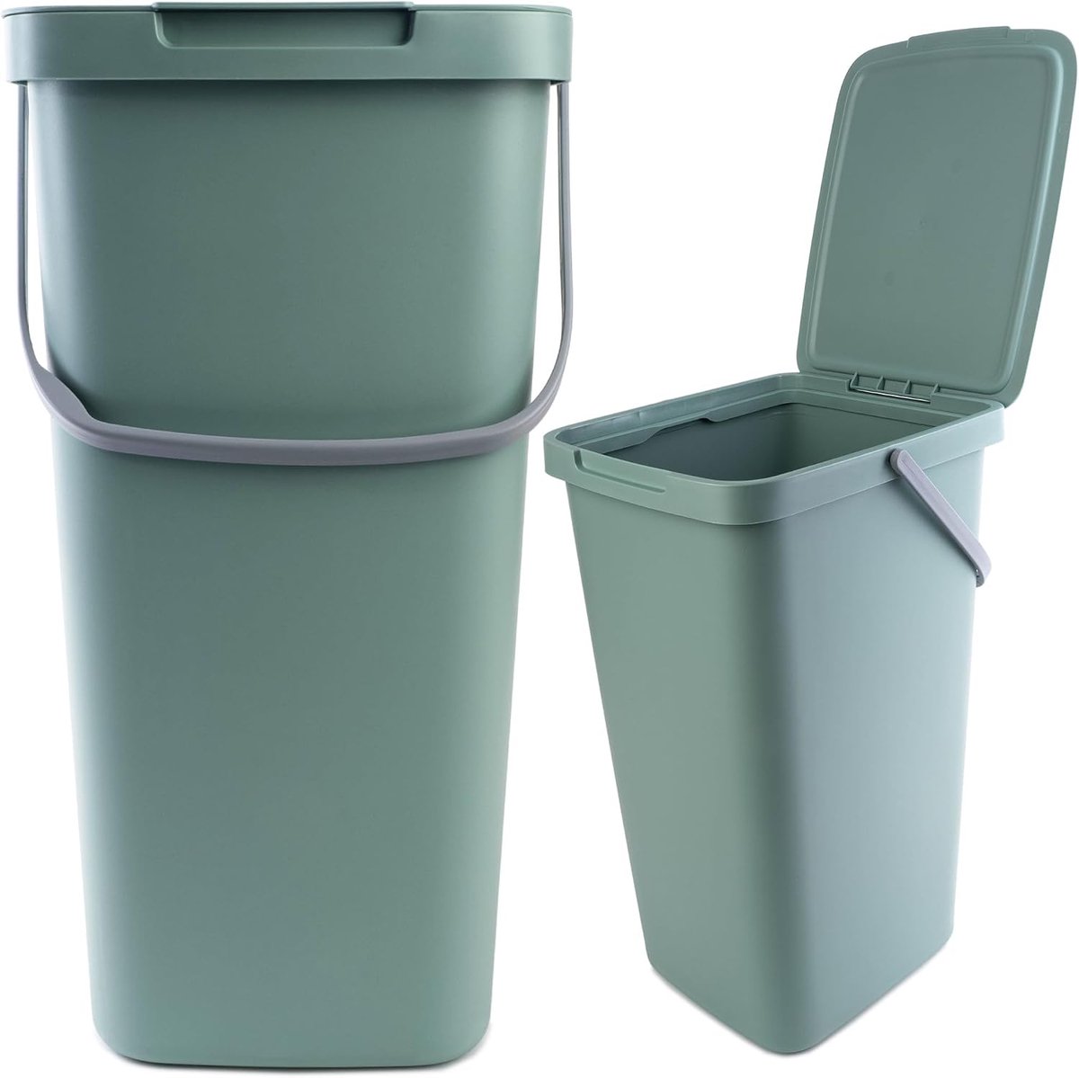 Afvalemmer, met deksel en handvat, van plastic, vuilnisemmer, voor afvalscheiding, rechthoekig, met klapdeksel, groen, 25 l