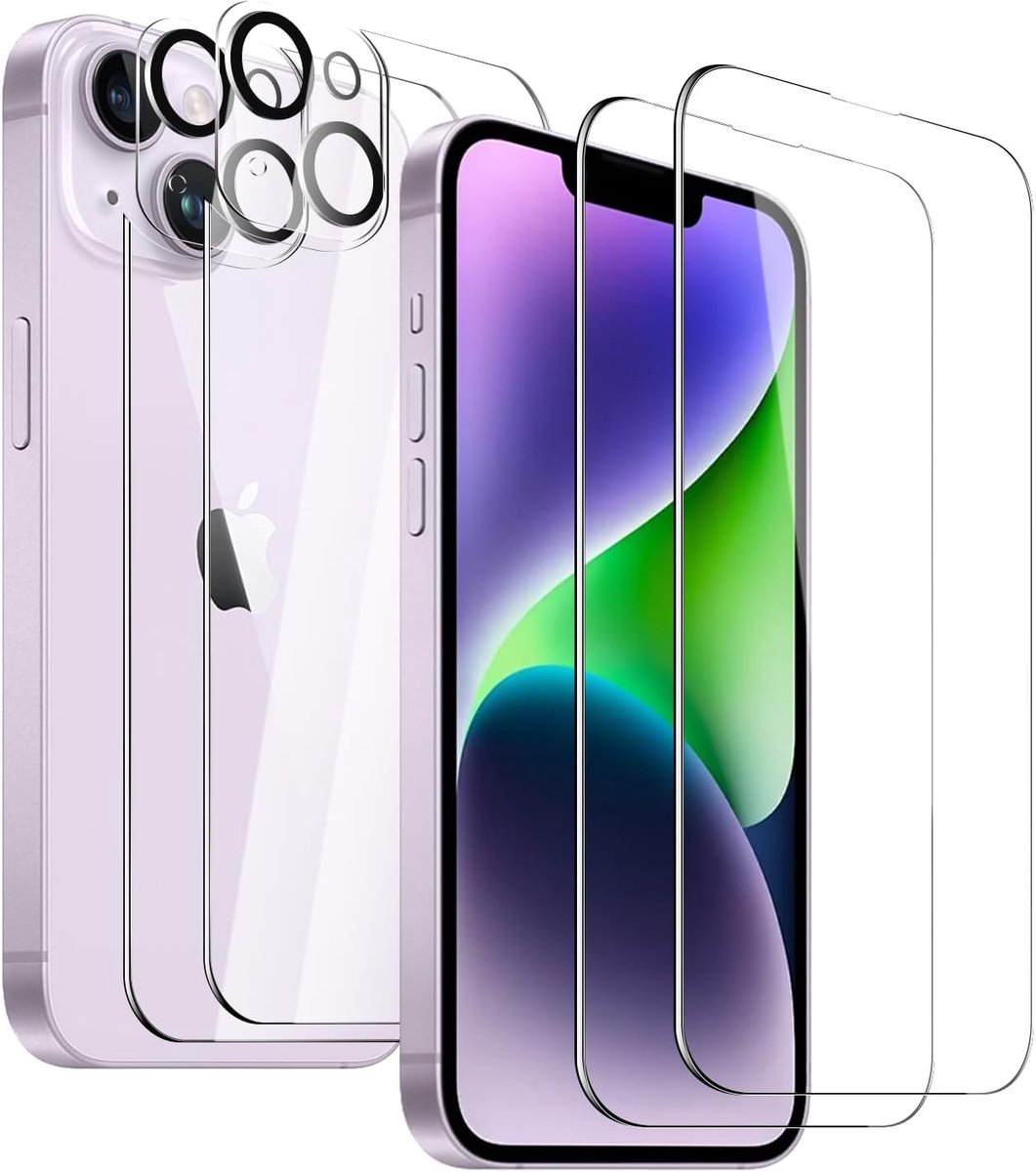 Glas Schermbeschermer Transparant voor iPhone 14, Set van 2 Schermfolie + 2 Lensbeschermers + 2 Achterfolie, Krasbestendig HD Helder