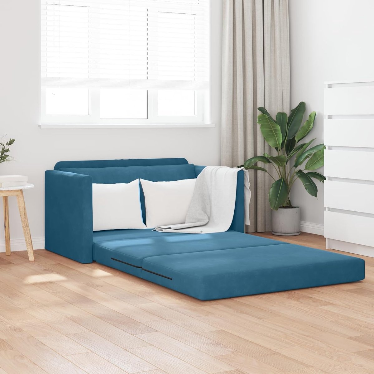 2-in-1 vloerbank, blauw, 124 x 204 x 61 cm, fluweel, modern design, ergonomisch comfort, robuust materiaal, transformeerbaar, ruime zitgelegenheid, afneembaar kussen, licht