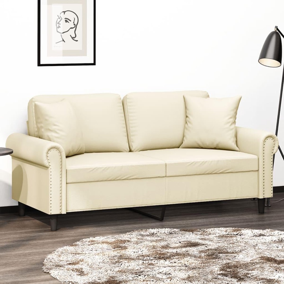 2-zitsbank met sierkussen in crème, 140 cm breed, van duurzaam kunstleer, robuust metalen frame voor optimale stabiliteit en duurzame bekleding