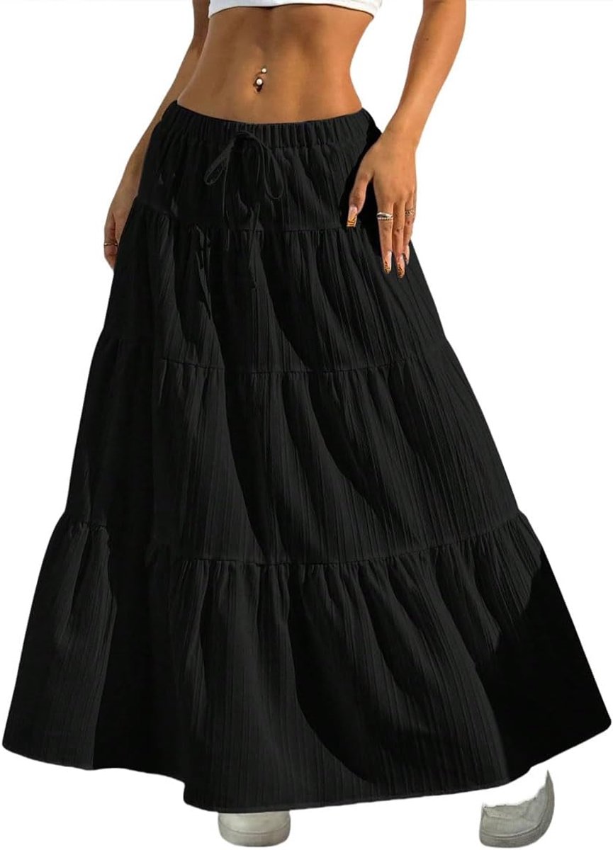 Rok voor dames, lang, hoge taille, elegante maxi-rok, A-lijn, elastische gelaagde midi-vrijetijdsrok, effen rok (meerkleurig, S-XL)