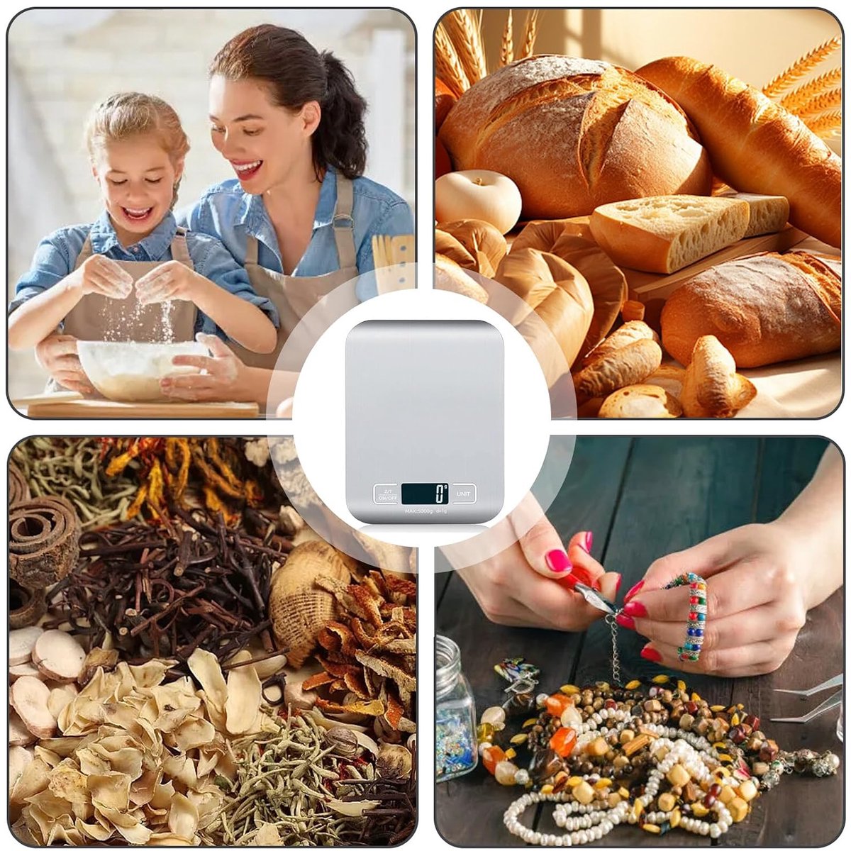 Digitale keukenweegschaal, 10 kg/1 g, USB-oplaadbaar, digitale keukenweegschaal met lcd-display en tarra-functie, professionele keukenweegschaal met accu-oplaadkabel, zilver-wit