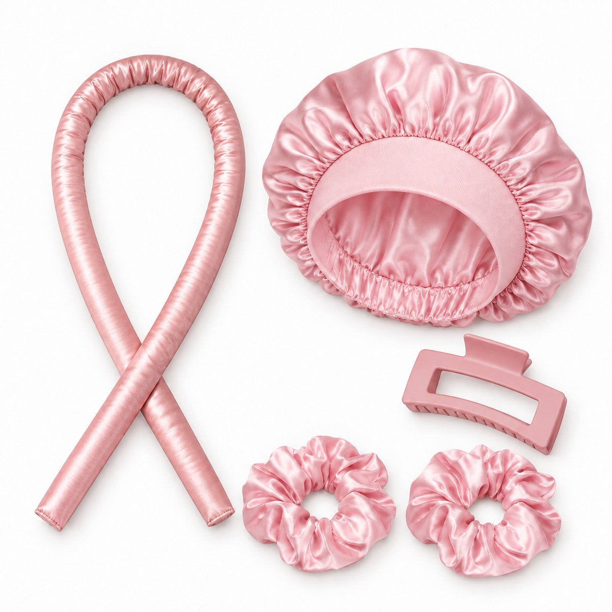 Professor Q Heatless Curls Set - Krullint met 2 Elastiekjes en Haarklem - Satijnen Bonnet Roze