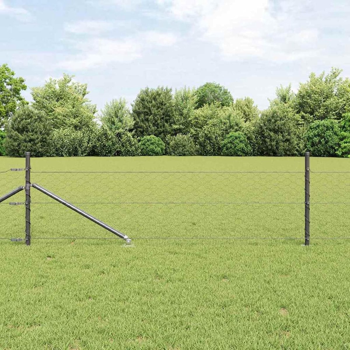 Zeshoekig hek grijs 0,5 x 50 m, hekpalen met spike 13 stuks Ø 32 mm 80 cm thermisch verzinkt staal, hekstangen metalen palen voor draadhekken tuinhek binnenplaats wilgenhek buitenbereik