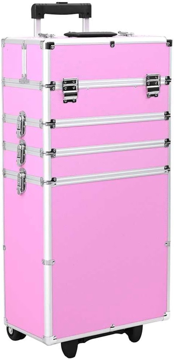 Zwart, reis-make-upkoffer met 4 niveaus en 1 lade, aluminium make-up-organizer met 4 afneembare wielen voor cosmetica en beauty-producten, roze, 1, Wijnoogst