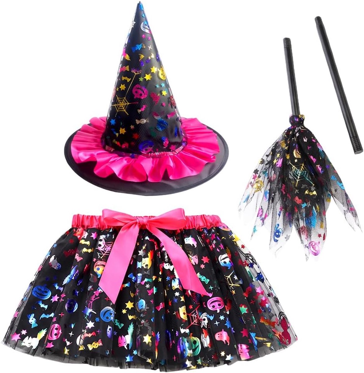 Heksenkostuumset voor dames, carnavalskostuum voor vrouwen, met heksenhoed, tule rok en heksenbezem, voor carnaval, cosplay en Halloween-party-D