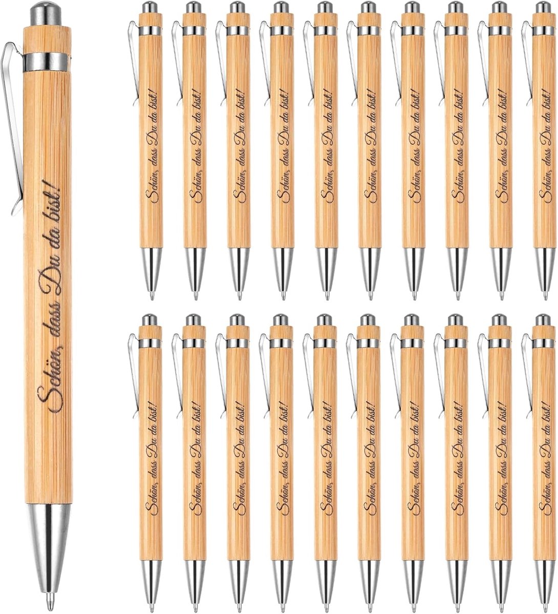 Balpennen met gravure "Schön, das Du da bist", bamboe balpen, gepersonaliseerd bedankje, houten balpen, gastgeschenk, bruiloft, collega en opvoederscadeau, 20 stuks