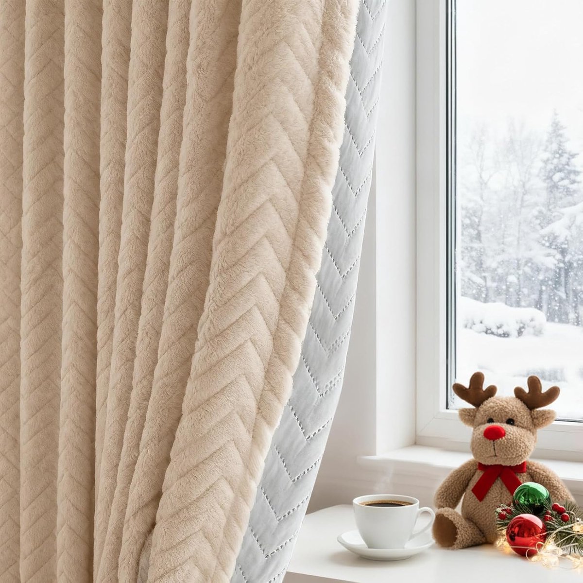 Warmtewerend gordijn, set van 2, h 213 x 140 cm (h x b), thermisch gordijn, koudebescherming, verduisteringsgordijnen tegen kou 350 g/m², plooiband, stangdoorgang voor woonkamer slaapkamer