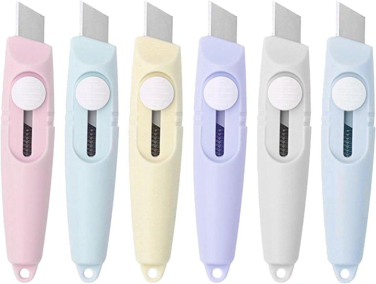 Set van 6 Uittrekbare Mesjes voor Dozen en Papier - Ergonomische Veiligheidscutter met Precisie Snijden in Diverse Kleuren