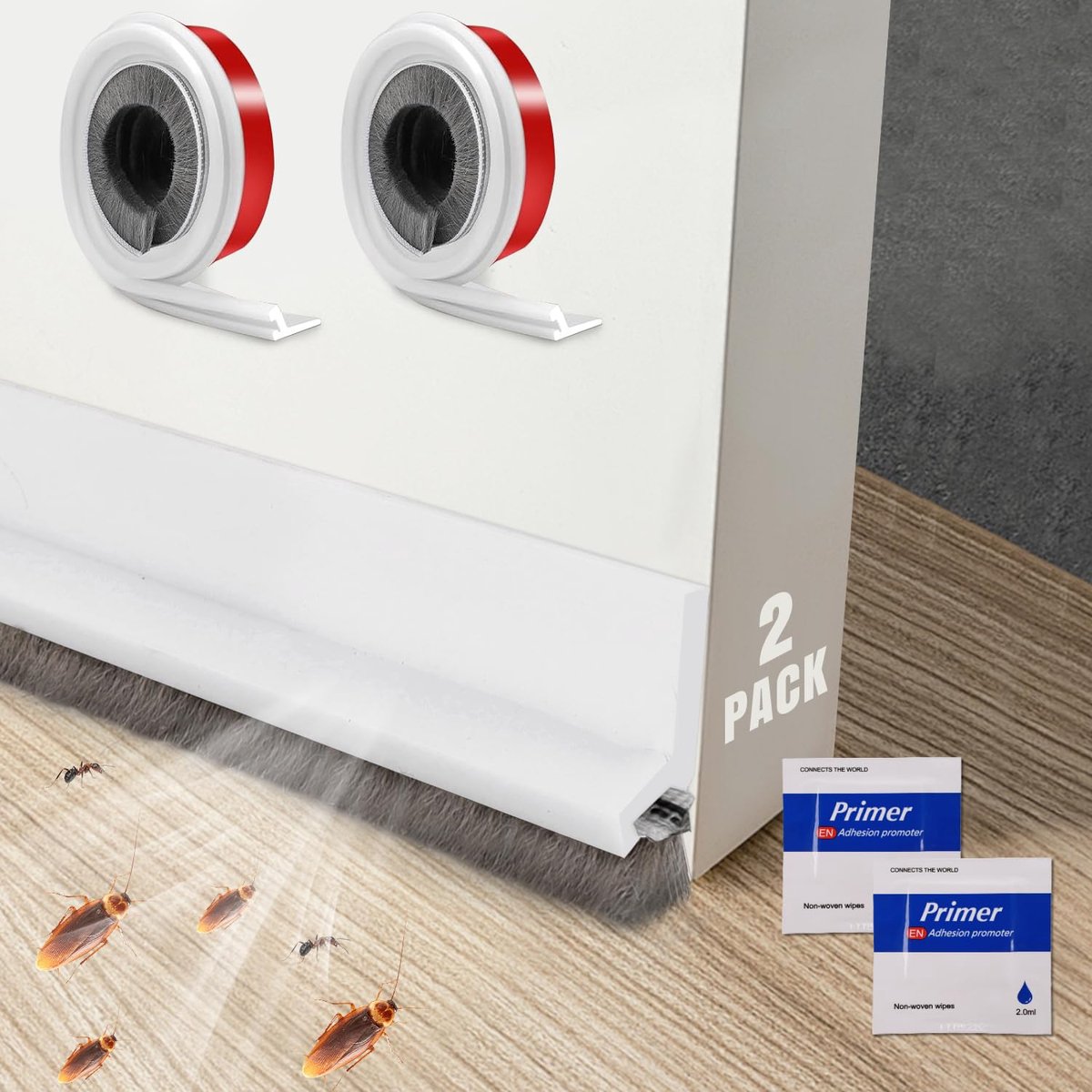 Famanu - Deurafdichting, tochtstopper met geluidsisolatie, borstel, 2 stuks, koudebescherming tegen insecten, afdichtingstape voor deuren