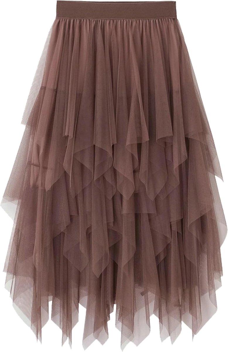 tule rok, asymmetrische rok, korte skaterrok, midirok, zomerrok, Deep Khaki, Eén Maat