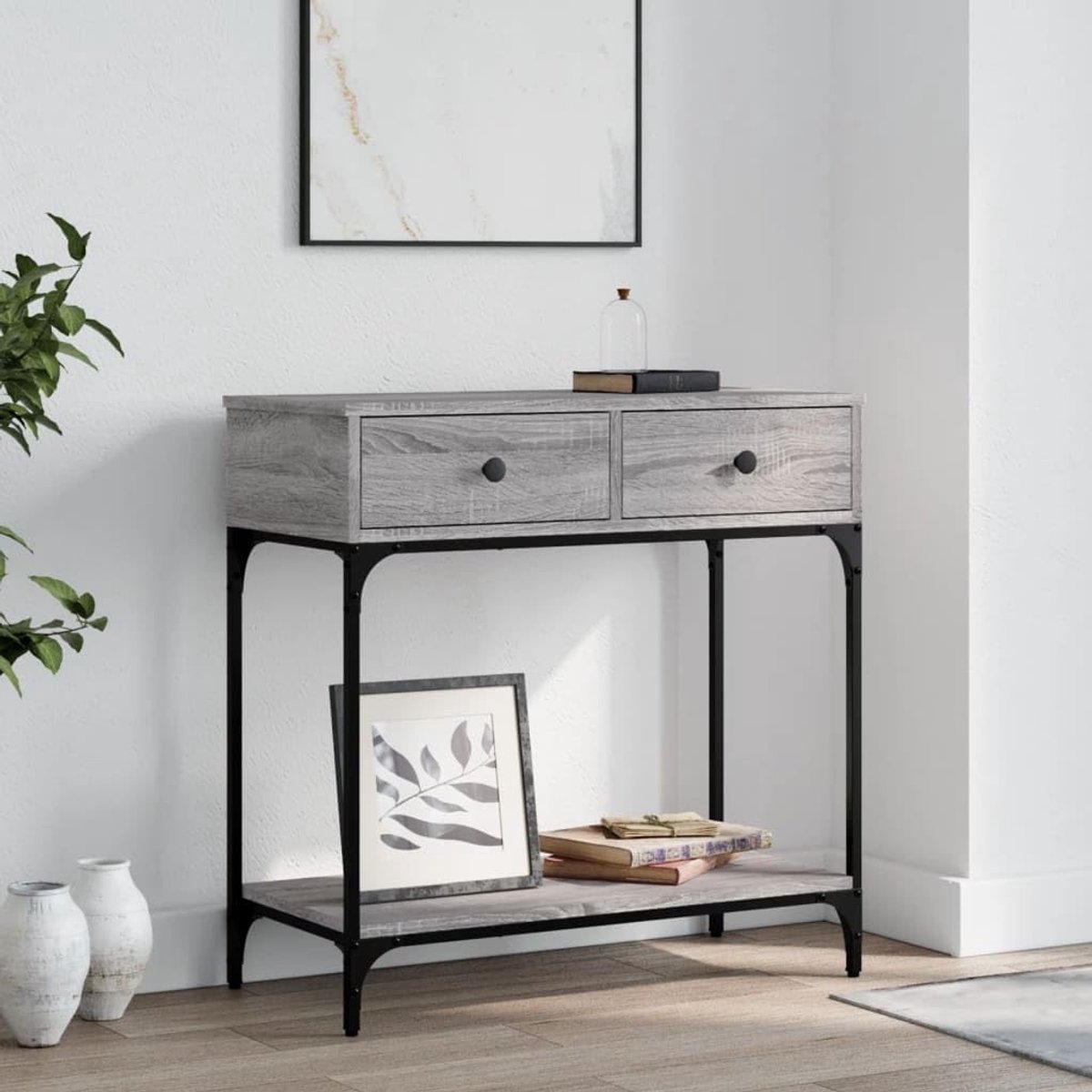 Consoletafel grijs Sonoma 75 x 34,5 x 75 cm hout met schuifladen commode en opbergruimte voor hal of woonkamer