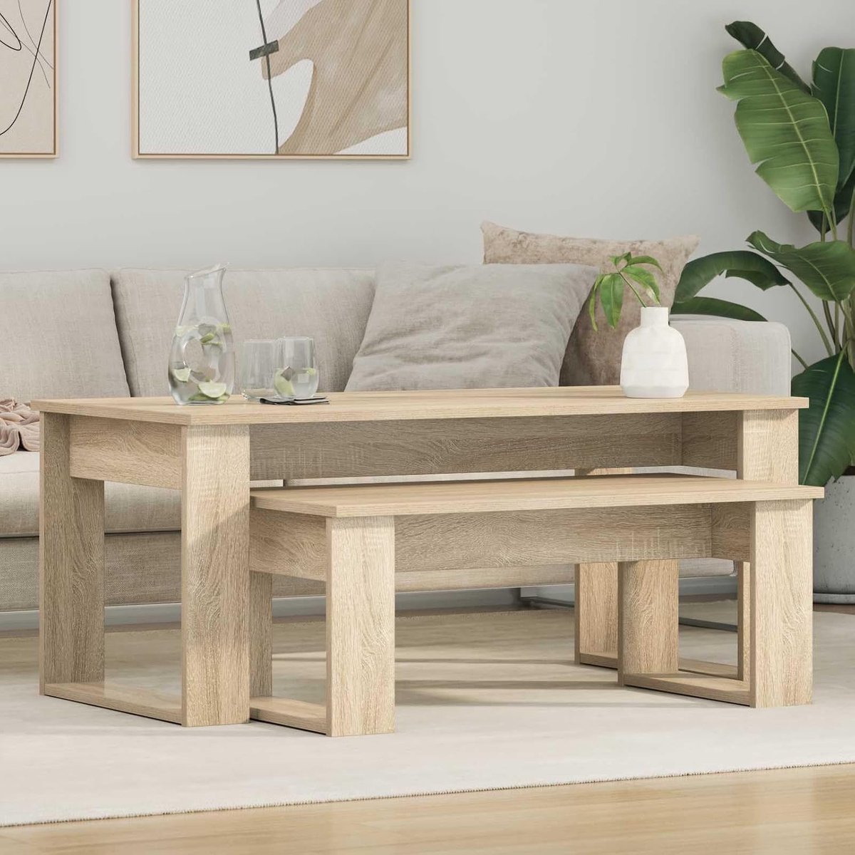 Set van 2 stuks, sonoma-eiken, houten materiaal, salontafel, woonkamer, meubels, moderne bijzettafel met rechthoekige vorm voor decoratie en opslag