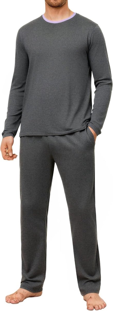 Pyjama voor heren, lange effen pyjama met ronde hals, lange mouwen, katoen, pyjama's, warm, tweedelig, nachtkleding, loungewear winter