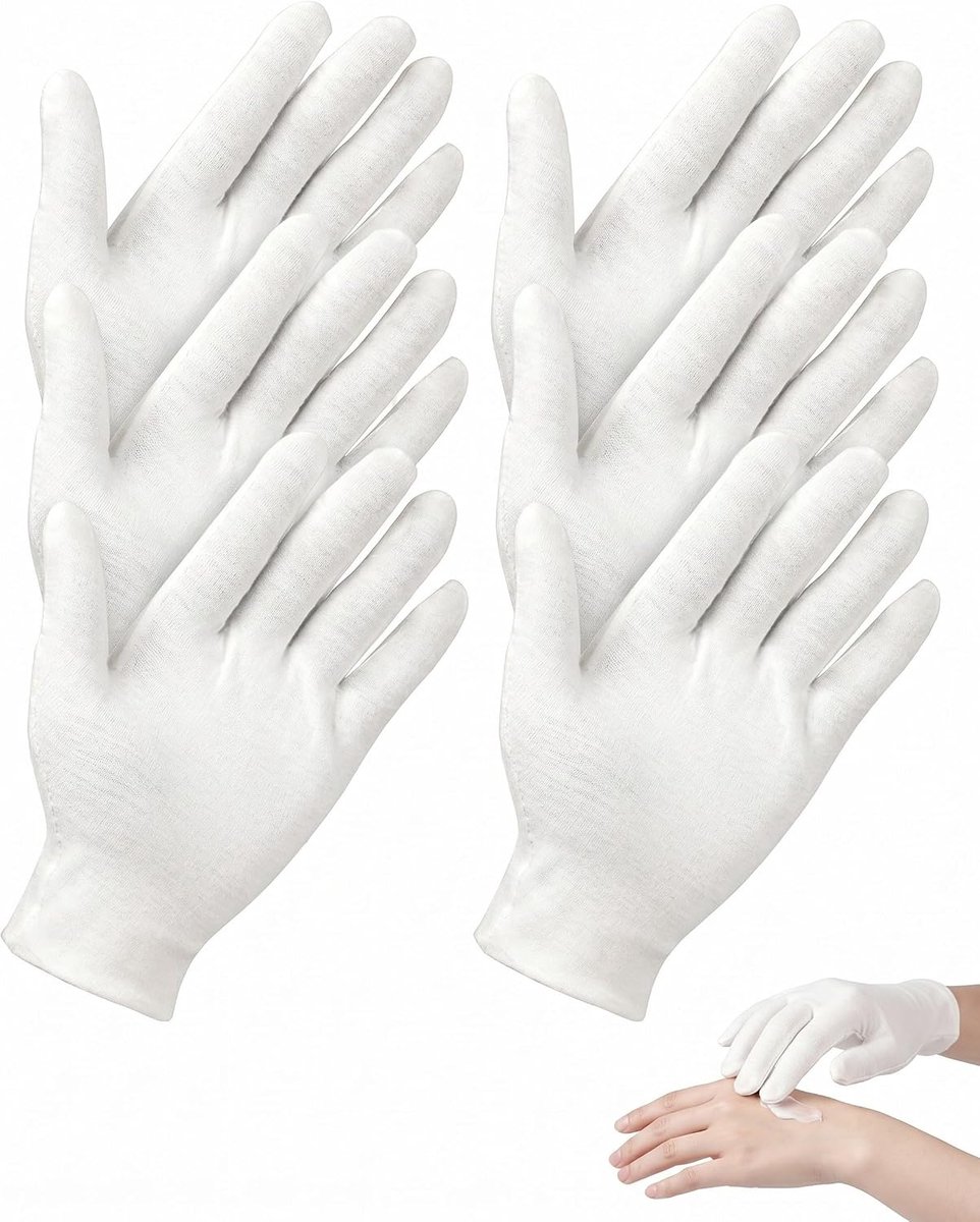 Handschoenen, 4 paar, wit, dun en zacht, ideaal voor nachtelijke huidverzorging en vochtopslag, stoffen handschoenen ter verlichting van neurodermitis